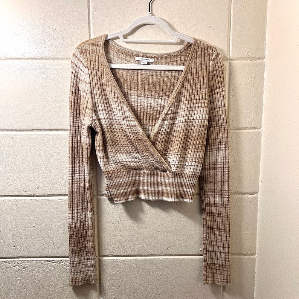 American Eagle knit long sleeve deep V-neck top